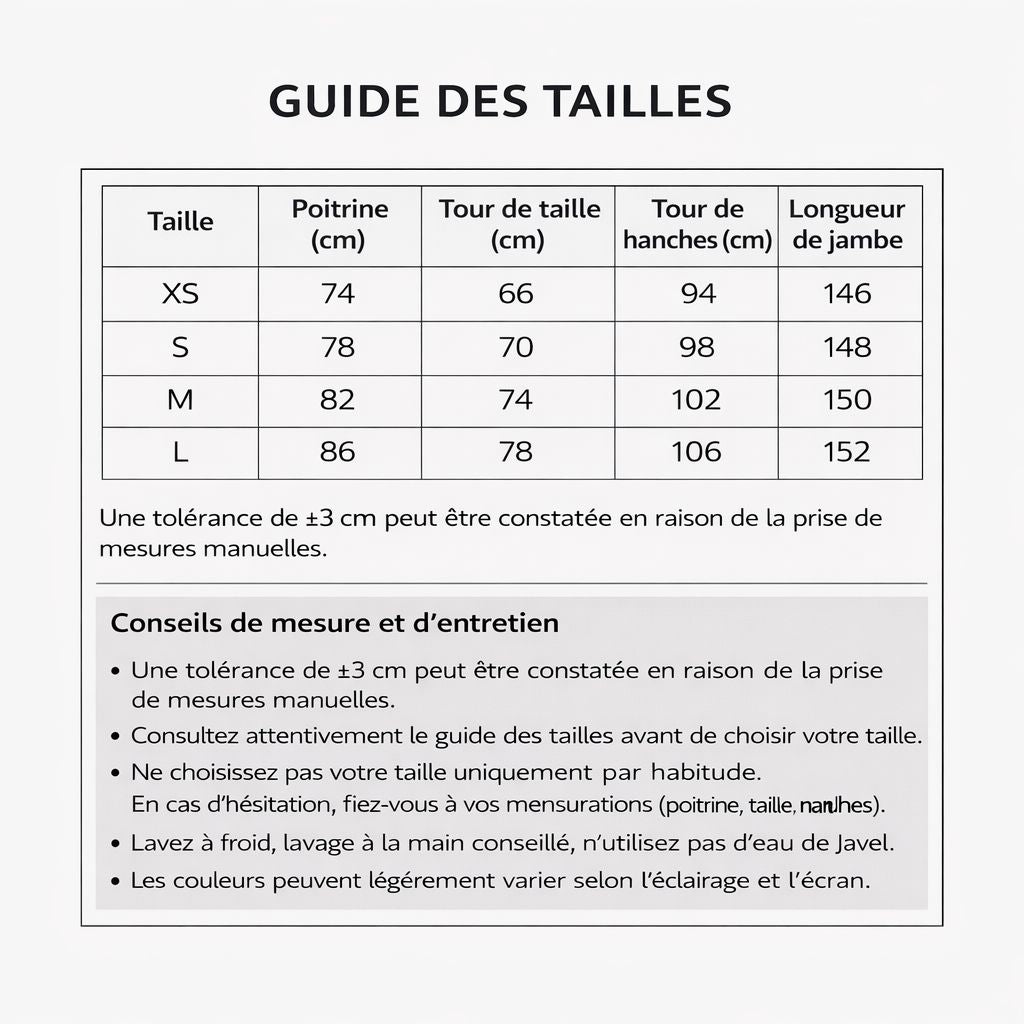 conseils de mesure de taille sous forme de grille et conseils d'entretien écriture noir sur fond blanc cassé