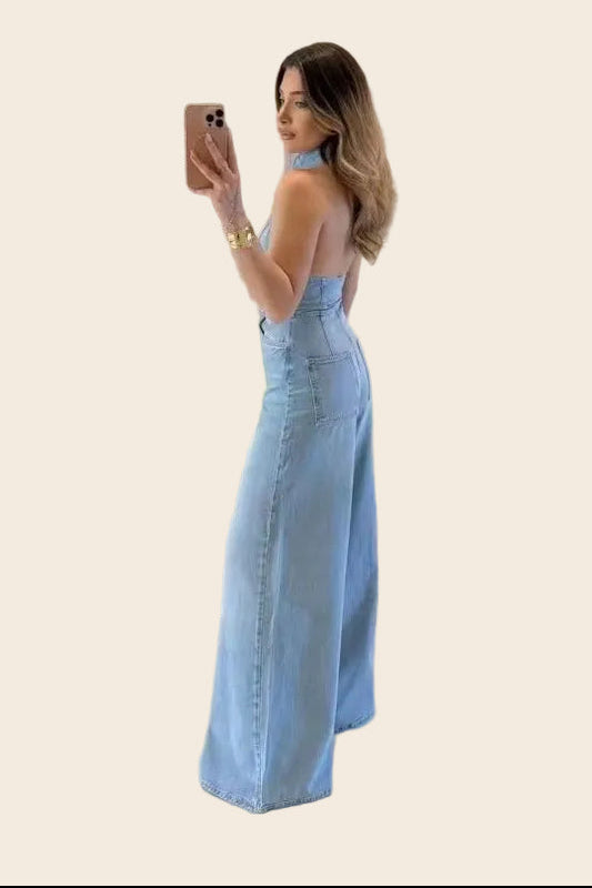 Combinaison en Jean pour Femme à Dos Nu avec Jambes Larges