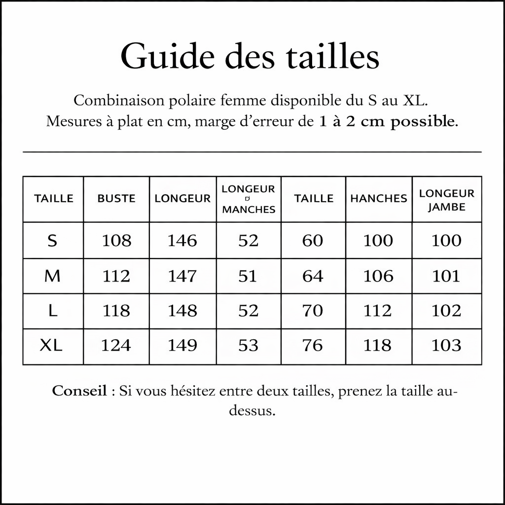 tableau guide de tailles pour les combinaison polaire femme .