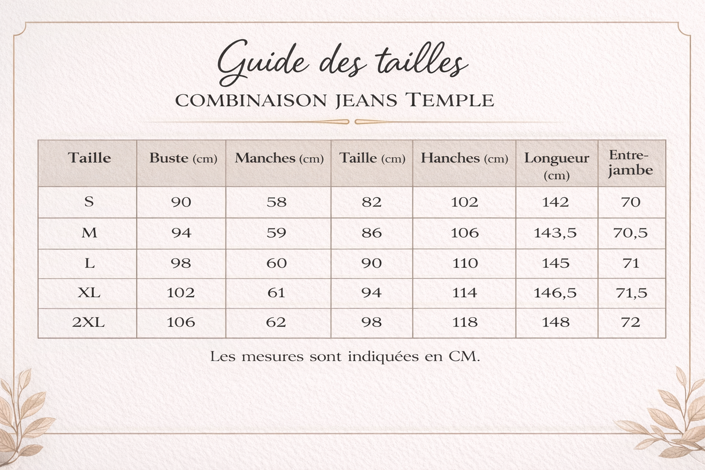 Guide des tailles officiel pour la combinaison jean noir Temple, avec tableau des mesures pour un choix précis.