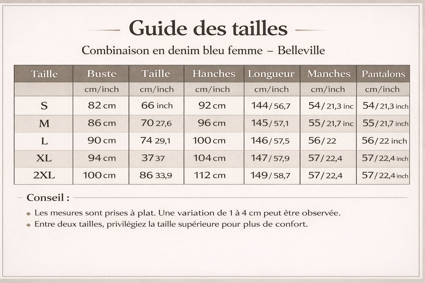 Combinaison denim bleu Belleville, guide des tailles précis pour les mesures de poitrine, taille et hanches.