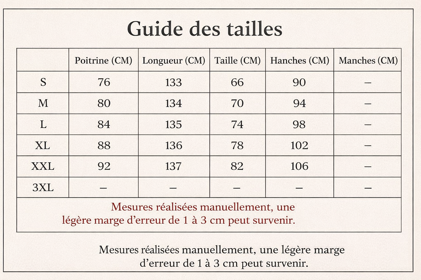 Combinaison femme rouge chic guide des tailles La Ségur en cm (S au 3XL) pour la poitrine, la taille et les hanches.