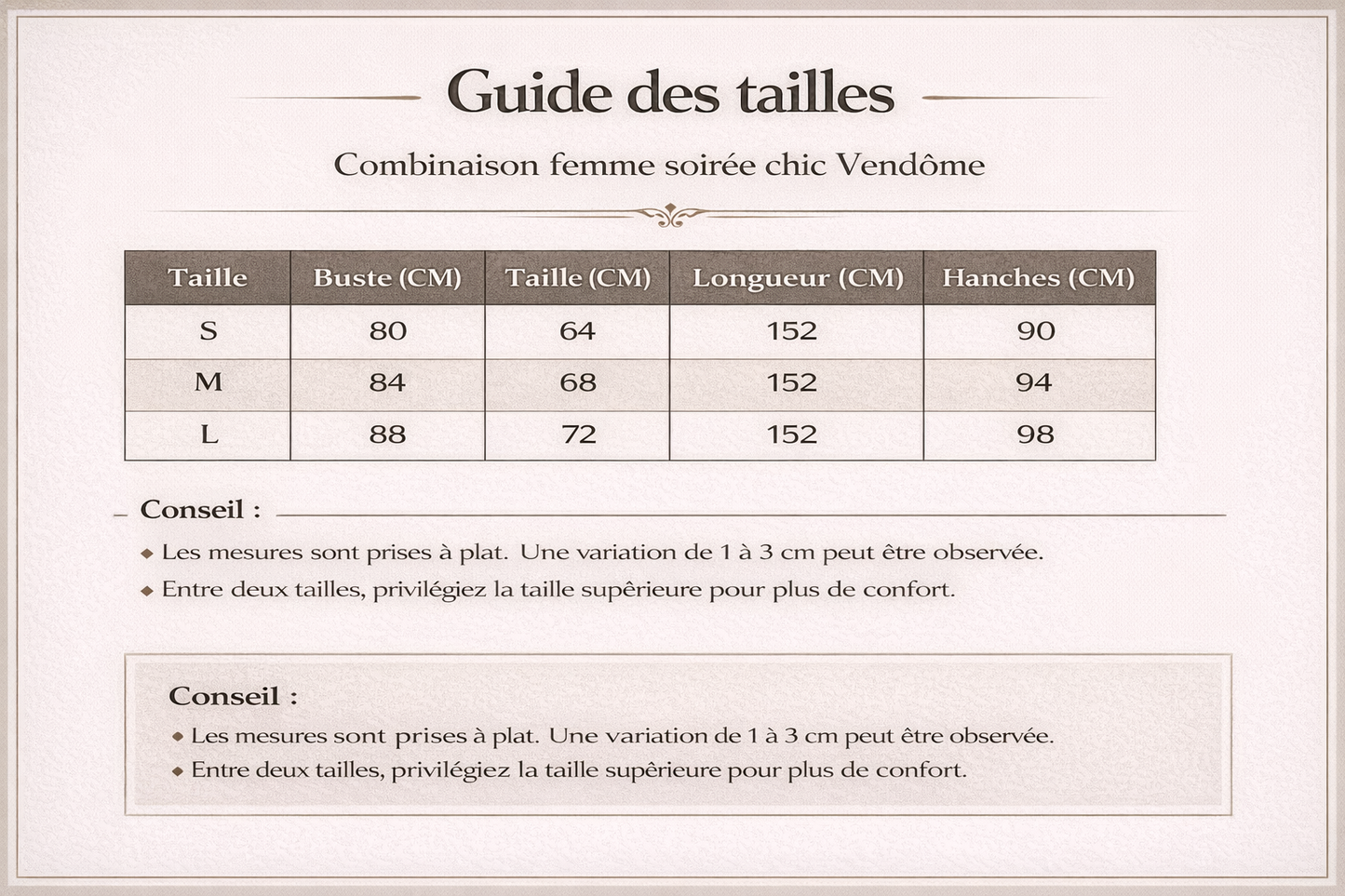 Combinaison femme soirée chic guide des tailles détaillé en cm pour le modèle La Vendôme (S au L).