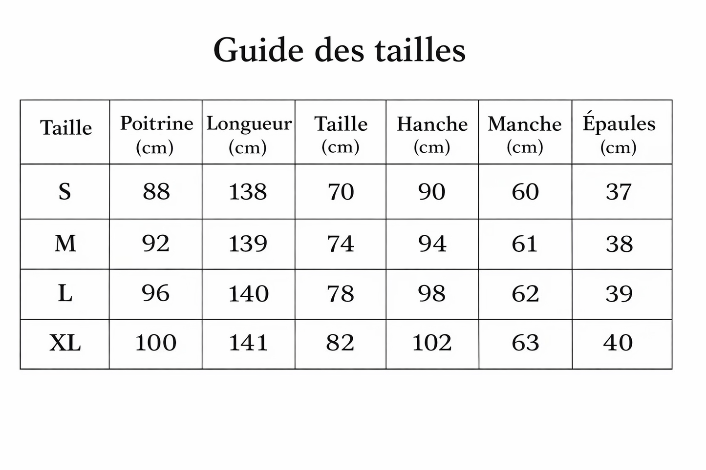 Combinaison blazer guide des tailles en cm avec mesures de poitrine, taille et hanches du S au XL.