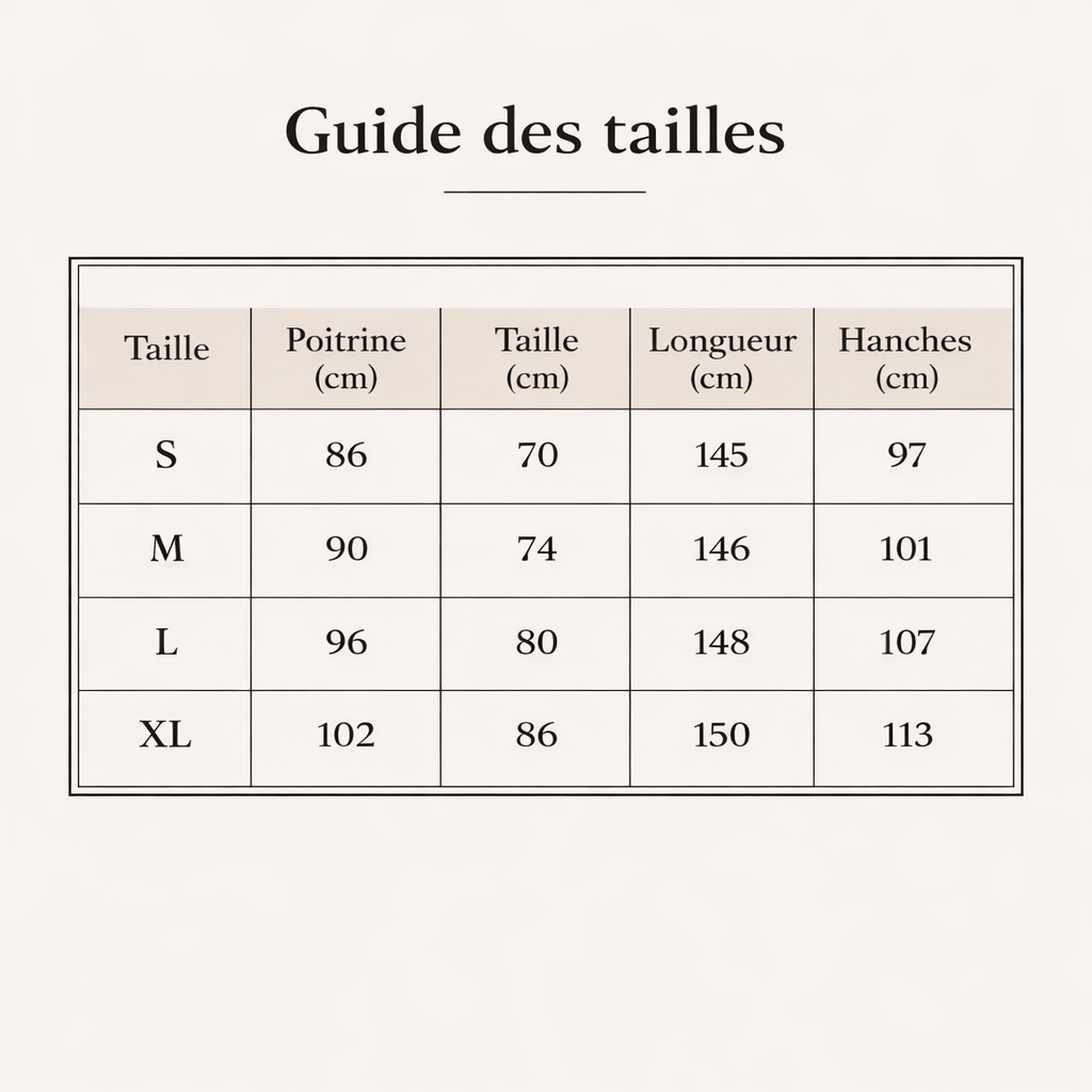 Combinaison noire asymétrique soirée guide des tailles en cm du S au XL avec mesures de poitrine, taille et hanches.