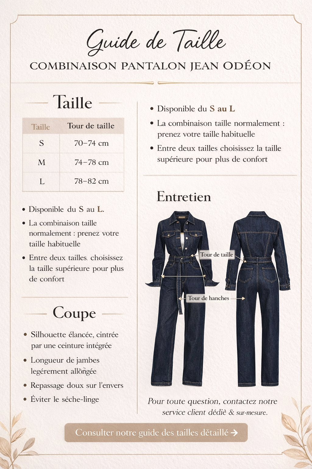 Guide des tailles pour la combinaison pantalon jean La Odéon, tableau des mesures pour les coloris bleu marine et marron.