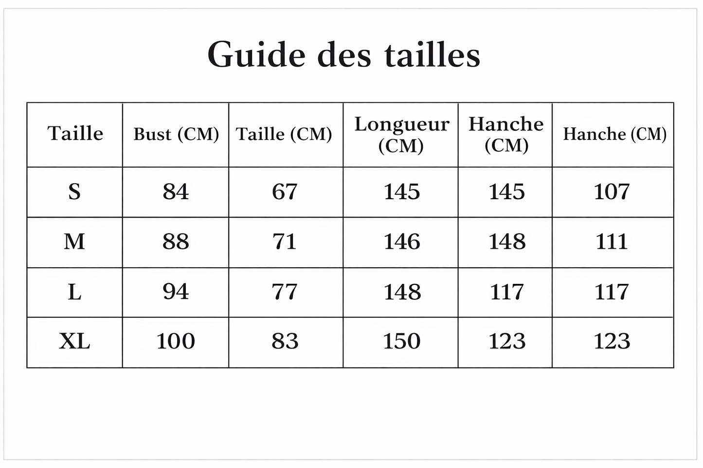 Combinaison pantalon chic guide des tailles détaillé en cm (S au XL) pour le modèle La Louvre incluant buste, taille et hanches.
