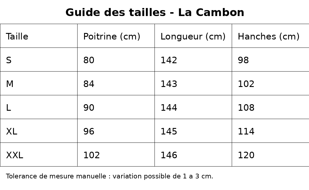 Combinaison ceinture guide des tailles en cm pour le modèle La Cambon, incluant poitrine, longueur et hanches du S au XXL.