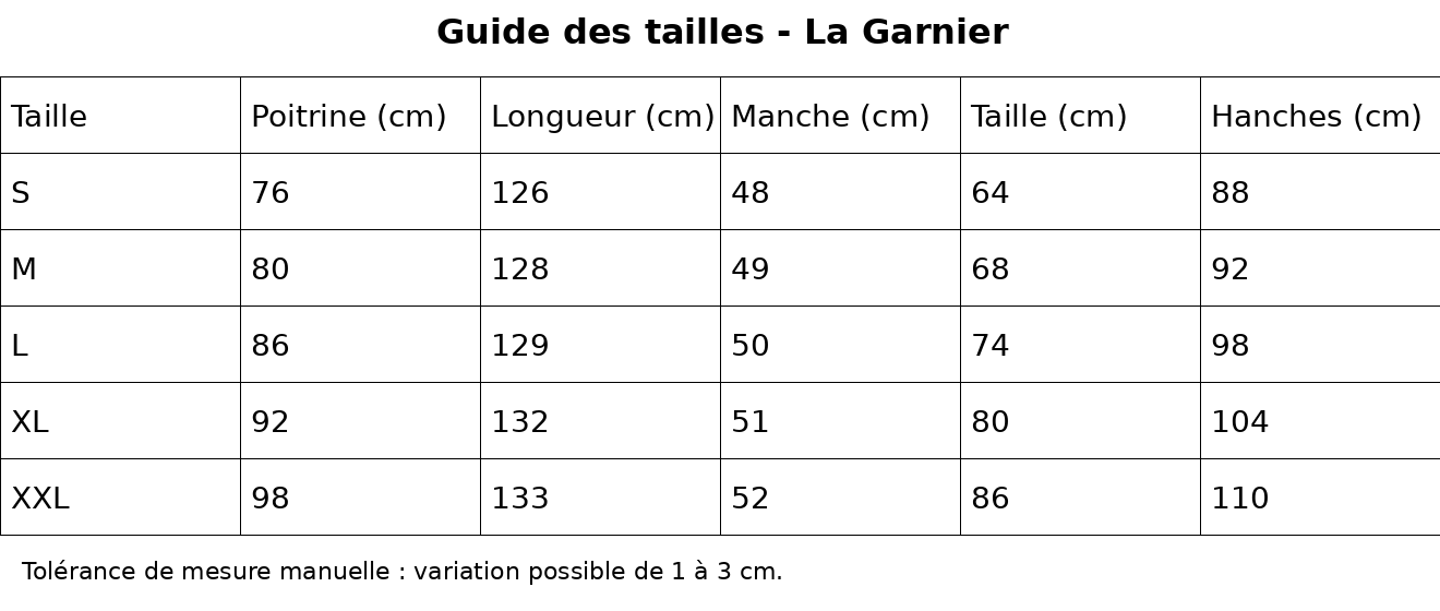 Combinaison rouge femme soirée guide des tailles La Garnier en cm pour poitrine, taille et hanches.