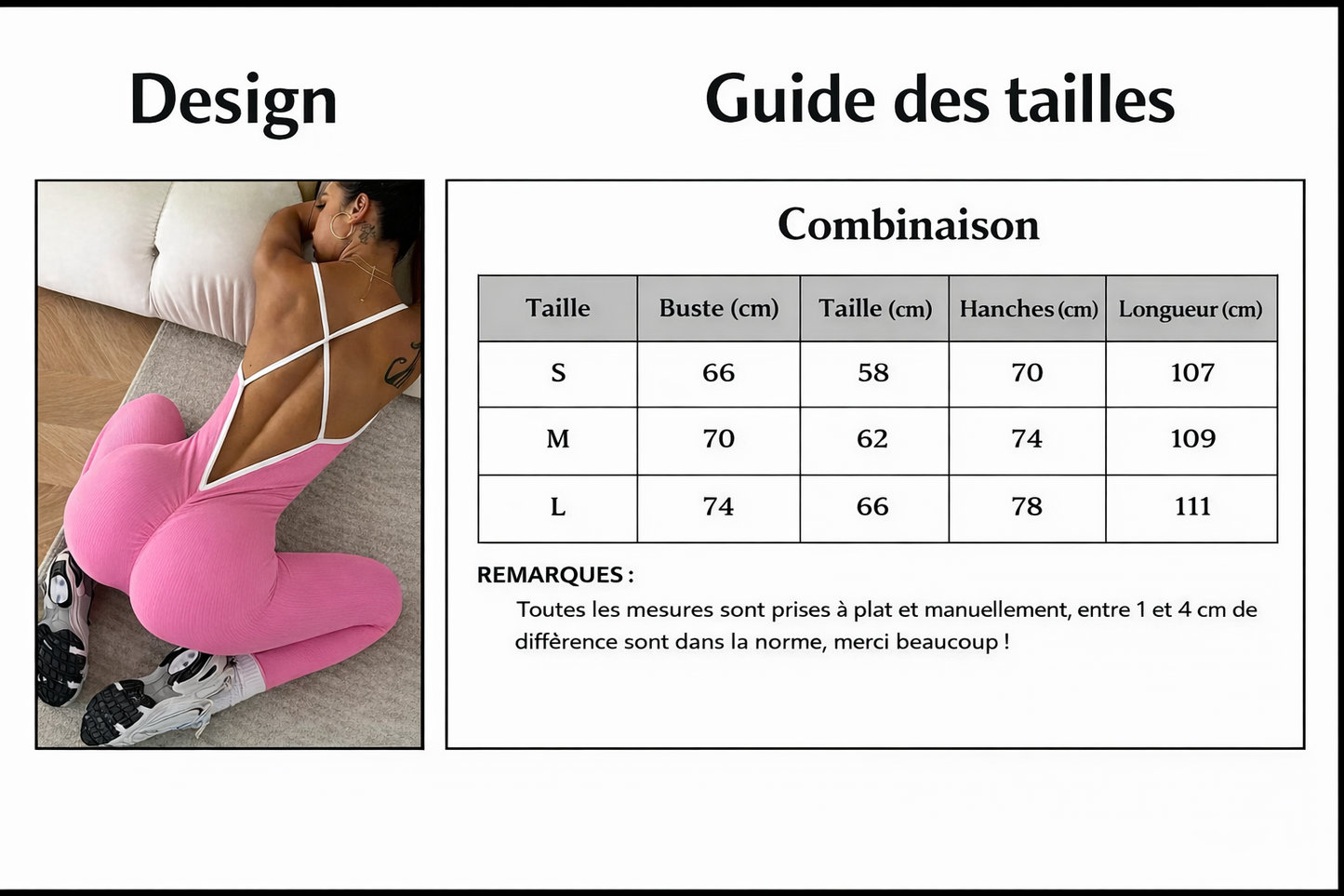 Tableau : Combinaison legging sport guide des tailles en cm (S au L) pour la longueur, poitrine, taille et hanches.