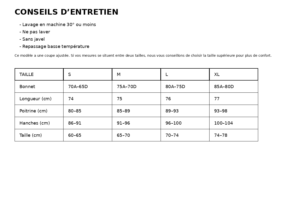 Guide des tailles et conseils d'entretien pour la combinaison short sport Sèvre, tableau de mesures en centimètres.