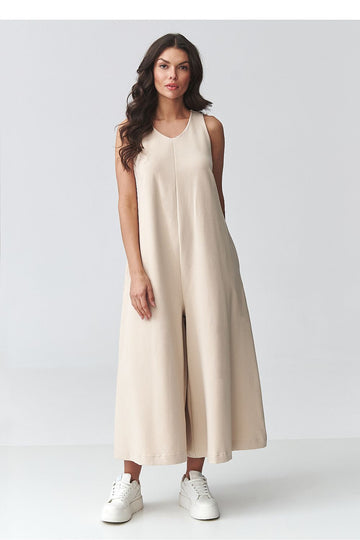 Combinaison oversize chic beige sans manches silhouette entière – La Flâneuse
