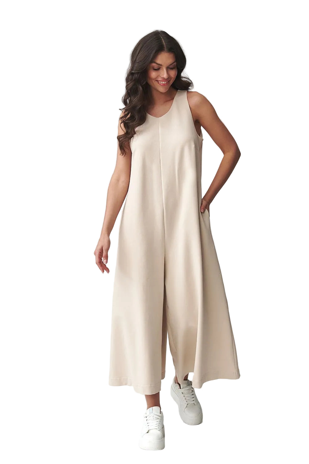 Combinaison oversize chic sans manches beige femme coupe ample – La Flâneuse