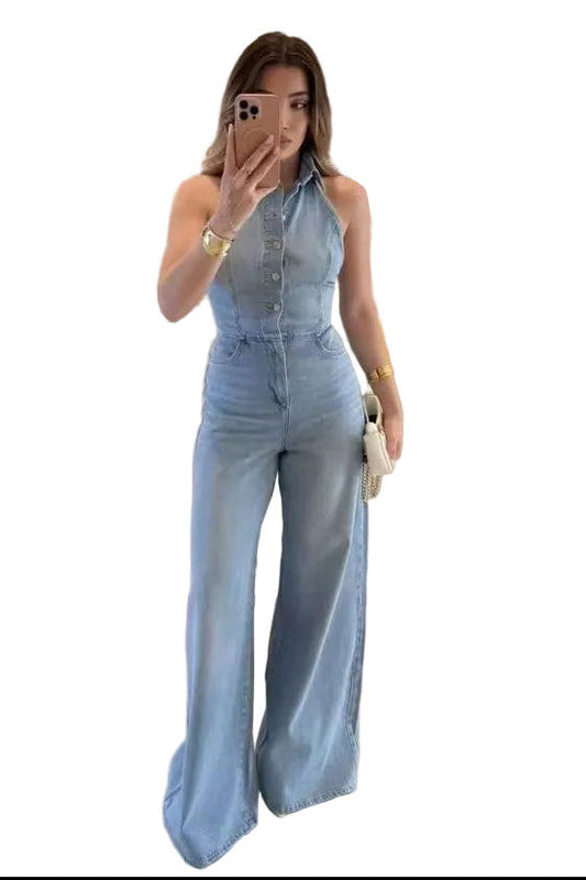 Combinaison en Jean pour Femme à Dos Nu avec Jambes Larges