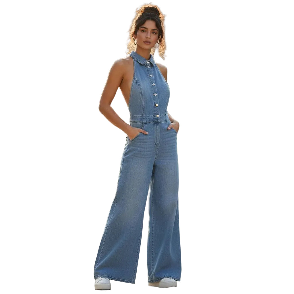 femme en combi jean bleu sans mache sur fond blanc