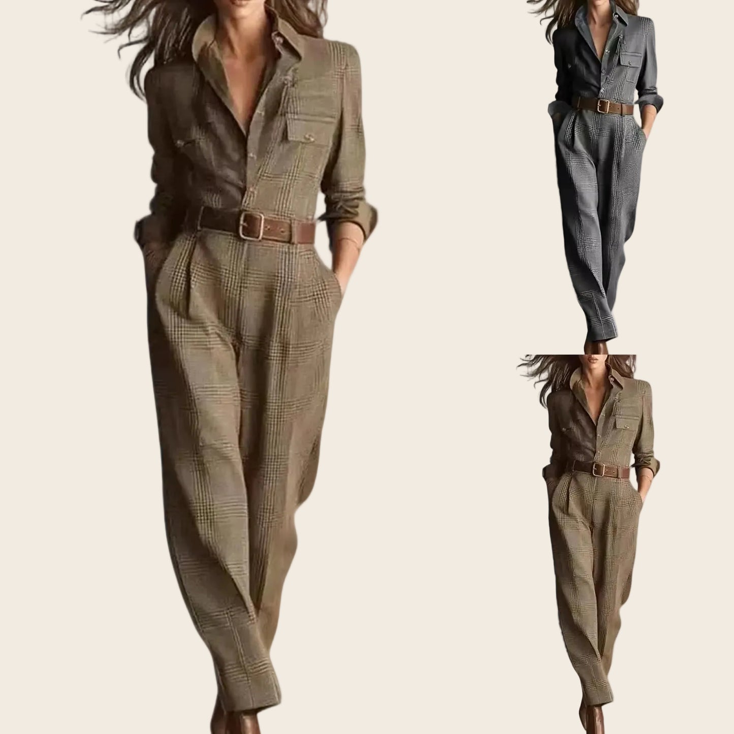 combinaison pantalon chic femme marron beige et gris presentation des deux coloris