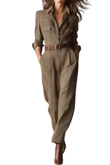 combinaison pantalon chic femme marron beige coupe elegante ceinture ajustee