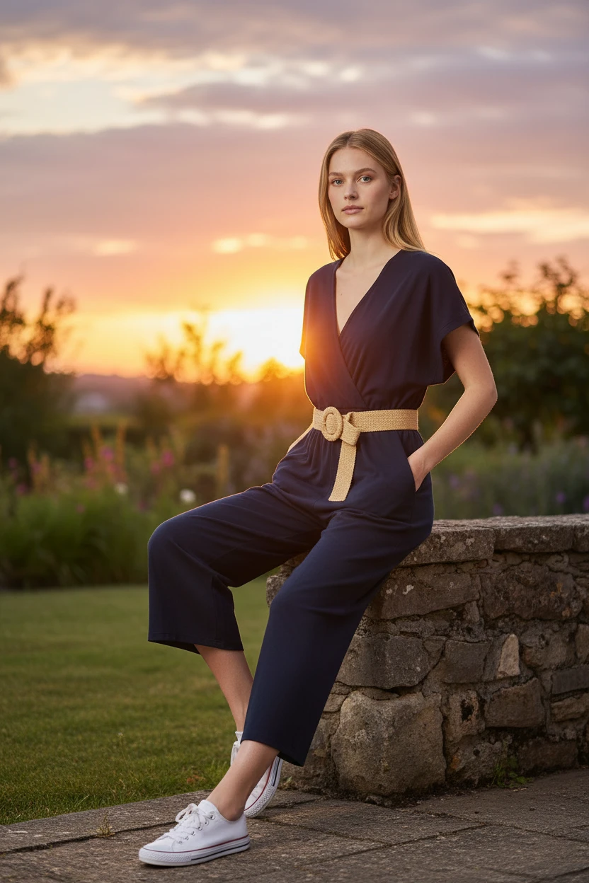 Femme appuyée contre un muret en pierre dans un jardin au coucher de soleil, portant une combinaison pantalon bleu marine col V croisé portefeuille, manches courtes amples et ceinture tressée boucle ronde dorée, jambes wide leg, baskets blanches