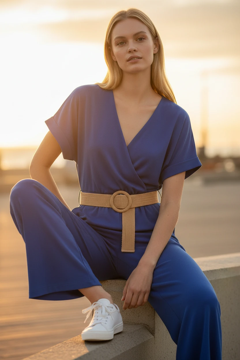 Femme assise sur un muret en extérieur au coucher de soleil, portant une combinaison pantalon bleu roi col V croisé portefeuille, manches courtes amples et ceinture tressée boucle ronde dorée, jambes wide leg, baskets blanches
