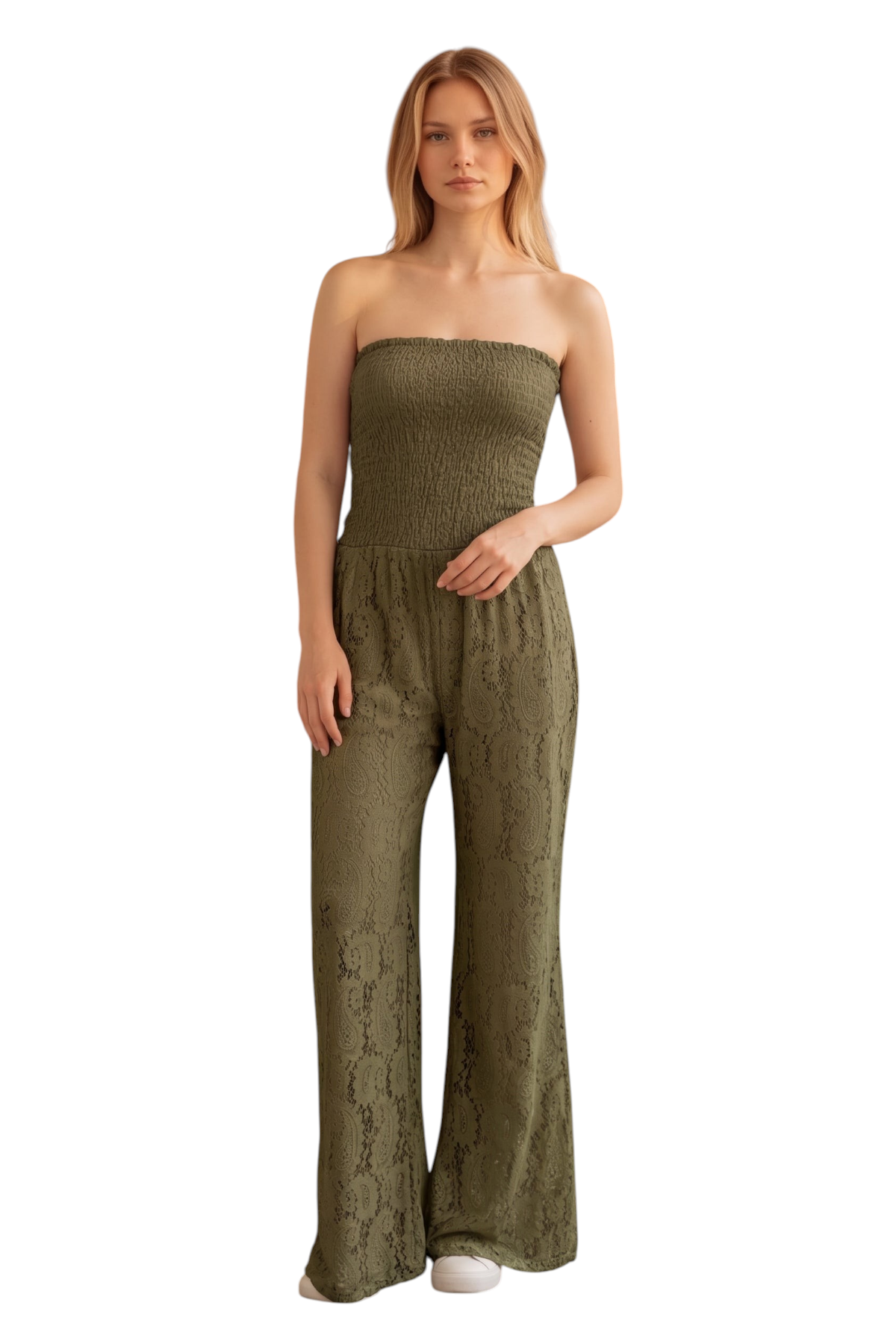 Combinaison bustier maison de la combi en dentelle kaki avec coupe droite et style bohème chic