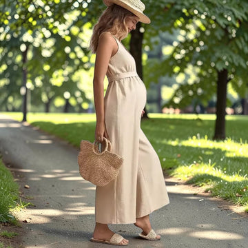 Combinaison chic femme enceinte portée en extérieur 
lors d'une promenade. Une allure lumineuse et naturelle.