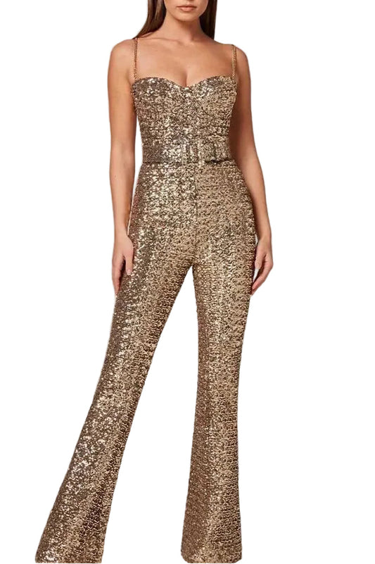 Combinaison femme soirée chic La Vendôme dorée à paillettes avec bustier cœur et fines bretelles.