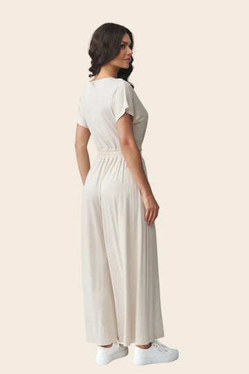 Combinaison fluide femme chic beige sable coupe large dos