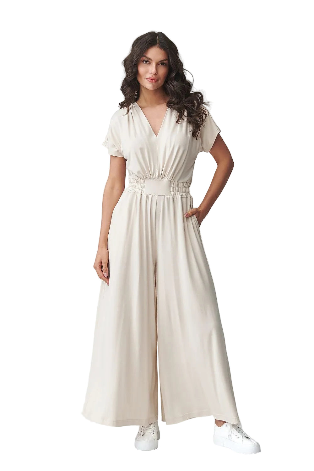 Combinaison fluide femme chic beige sable coupe large face