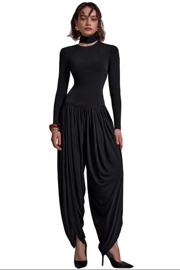 combinaison fluide femme noire coupe ample taille elastique elegante