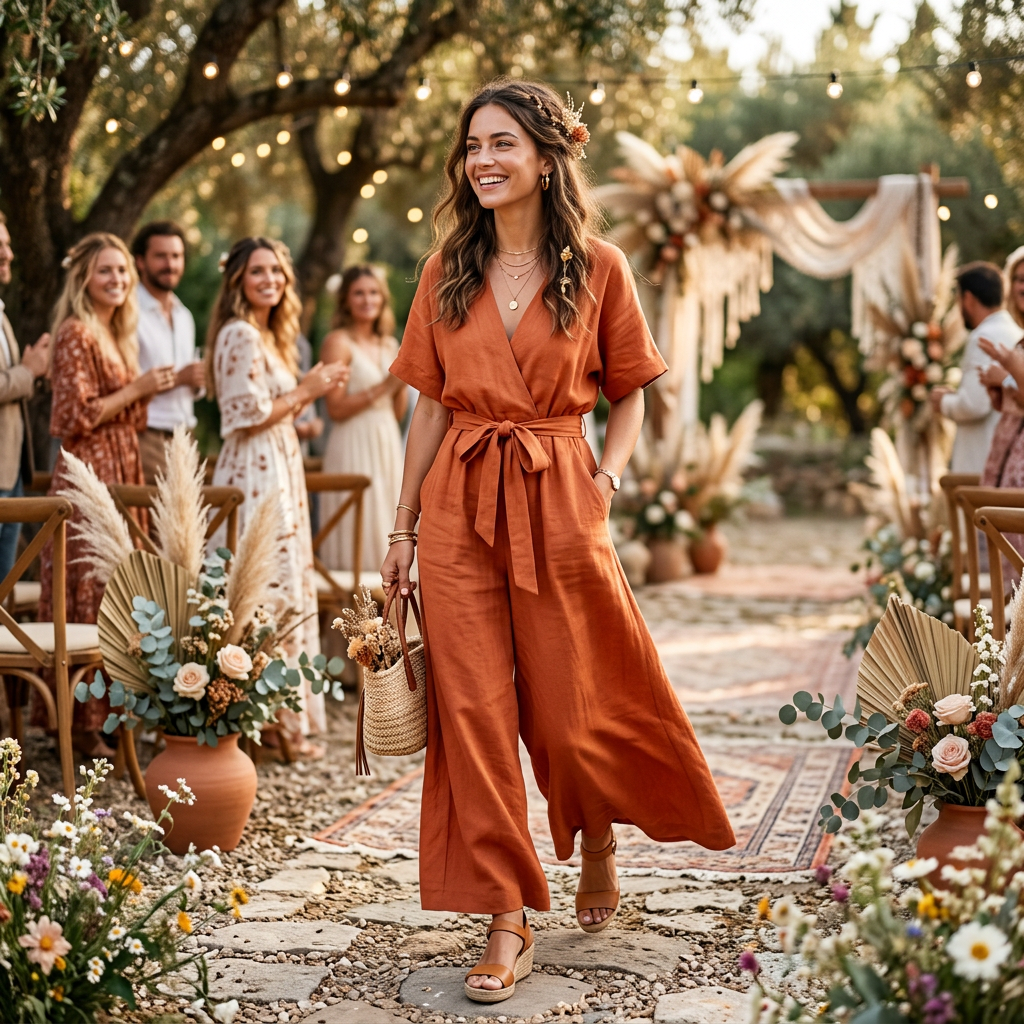 Femme élégante portant une combinaison terracotta fluide, idéale pour une tenue d'invitée de mariage ou un cortège bohème chic.