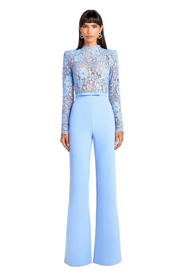 combinaison pantalon chic en dentelle bleu Saint-Germain femme coupe elegante fluide