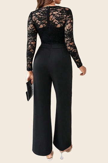Vue de dos combinaison pantalon noire dentelle brodée manches longues