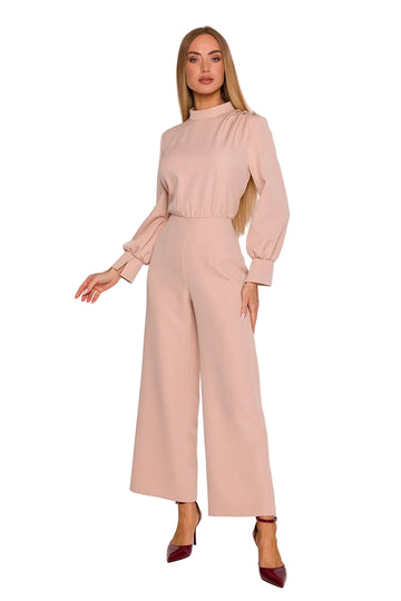 combinaison pantalon femme habillée beige vue face manches longues