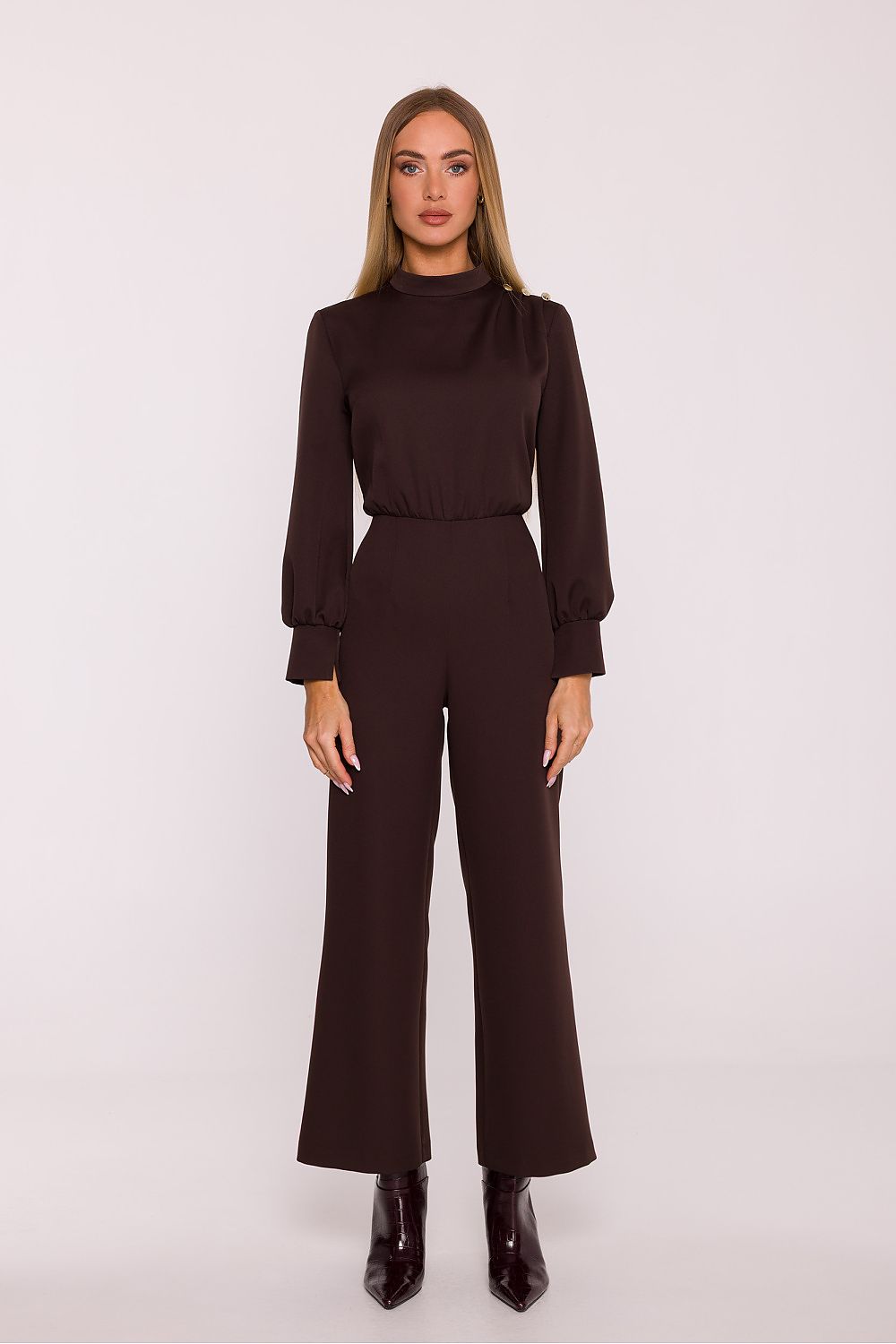 combinaison pantalon femme habillée marron chocolat vue face fluide
