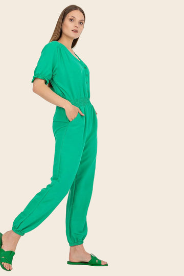 combinaison pantalon manches courtes femme verte profil