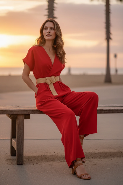 Femme assise sur un banc en bois face à la plage au coucher de soleil, portant une combinaison pantalon rouge col V croisé portefeuille, manches courtes amples et ceinture tressée boucle ronde dorée, jambes wide leg, sandales à talons