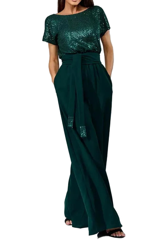Combinaison pantalon soirée Opéra vert sapin, haut scintillant à sequins et pantalon large fluide avec ceinture ruban, vue de face.