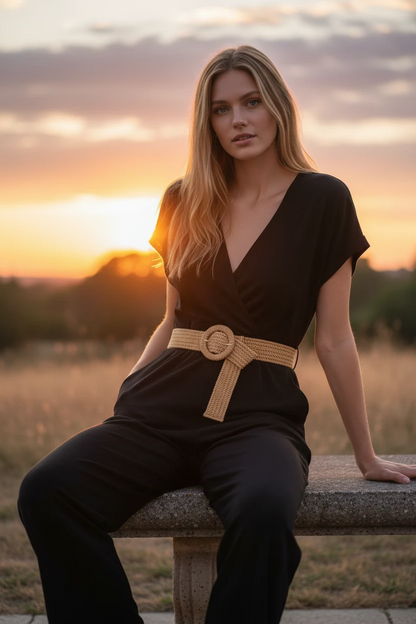 Femme assise sur un muret au coucher de soleil, portant une combinaison pantalon noire col V croisé portefeuille, manches courtes amples et ceinture tressée boucle ronde dorée, jambes wide leg