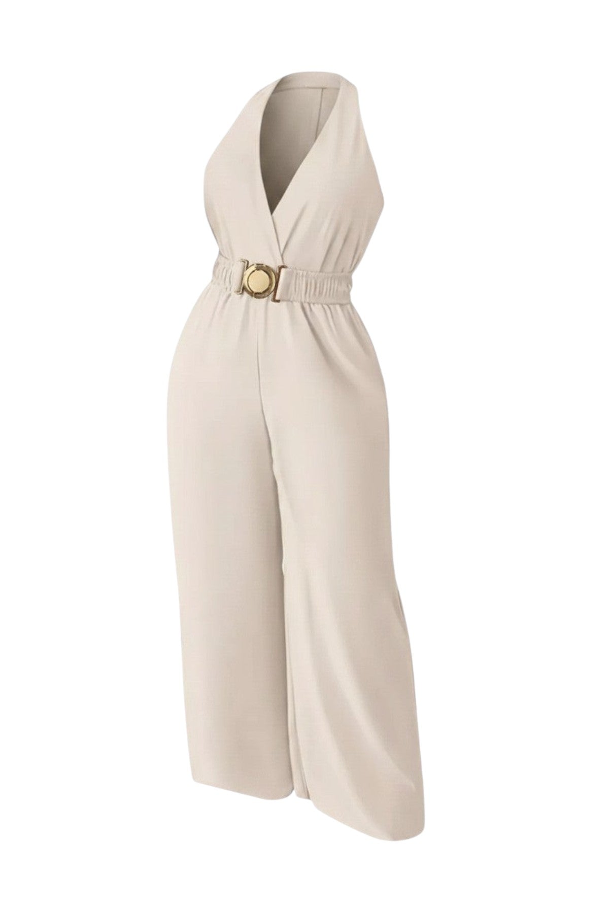 Combinaison femme beige Maison de la Combi, col V plongeant, ceinture dorée, pantalon palazzo, polyester et coton.