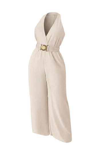 Combinaison femme beige Maison de la Combi, col V plongeant, ceinture dorée, pantalon palazzo, polyester et coton.