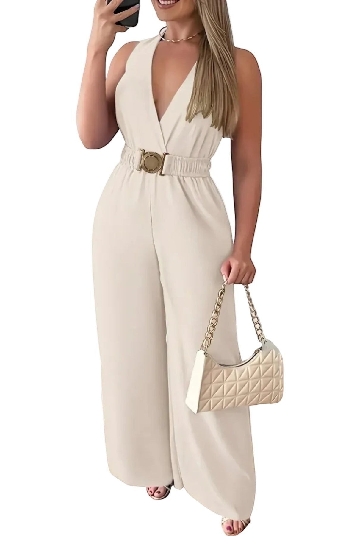 Combinaison femme Maison de la Combi beige, col V, ceinture dorée, pantalon palazzo large, polyester et coton
