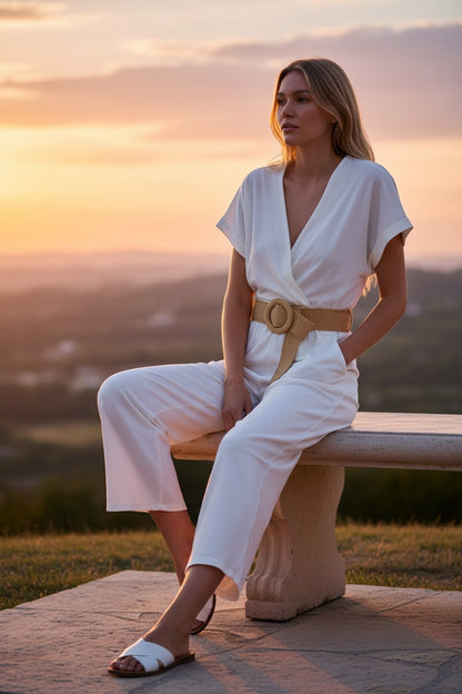 Femme portant la combinaison blanche La Sétoise de maison de la combi avec ceinture tressée au coucher du soleil