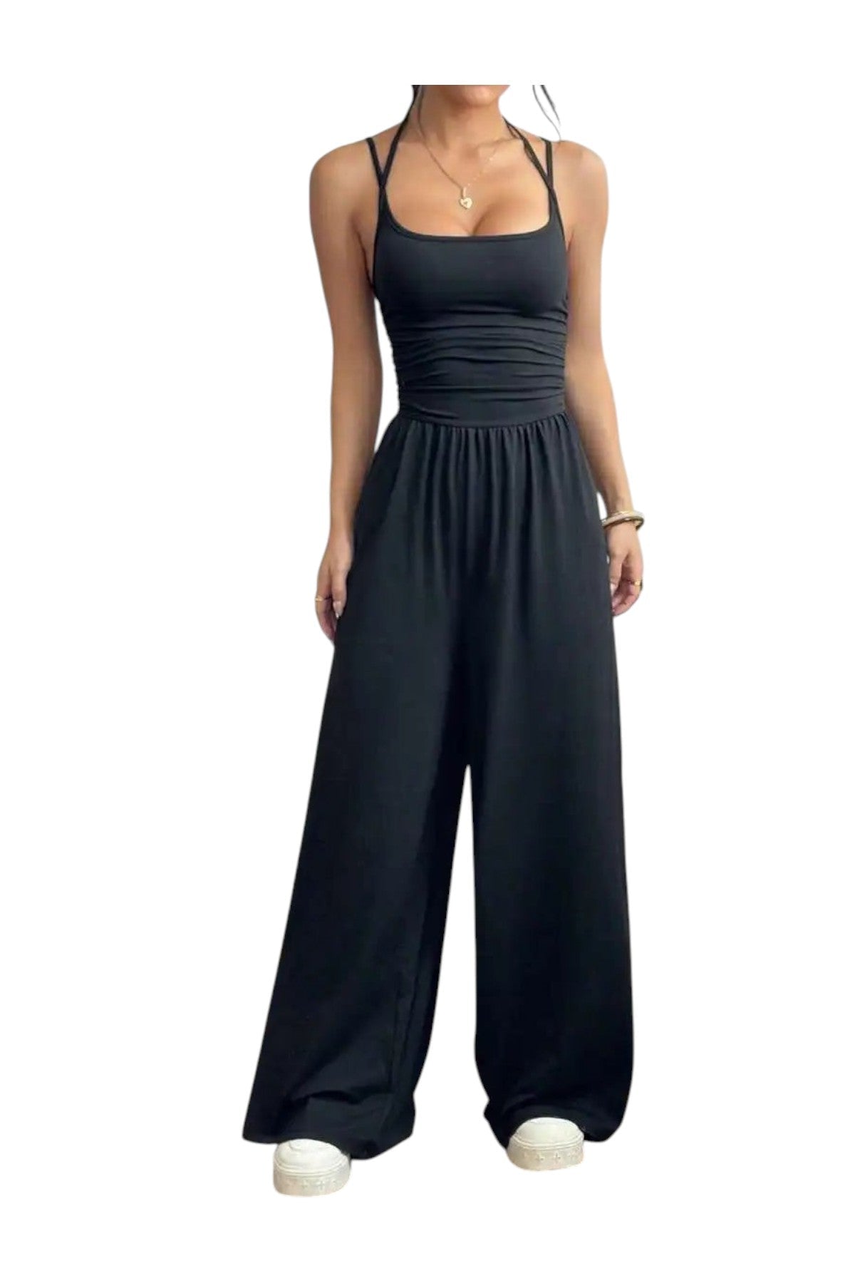 Combinaison noire La Esmeralda à bretelles fines, encolure carrée, taille smockée et jambes larges en polyester et élasthanne.