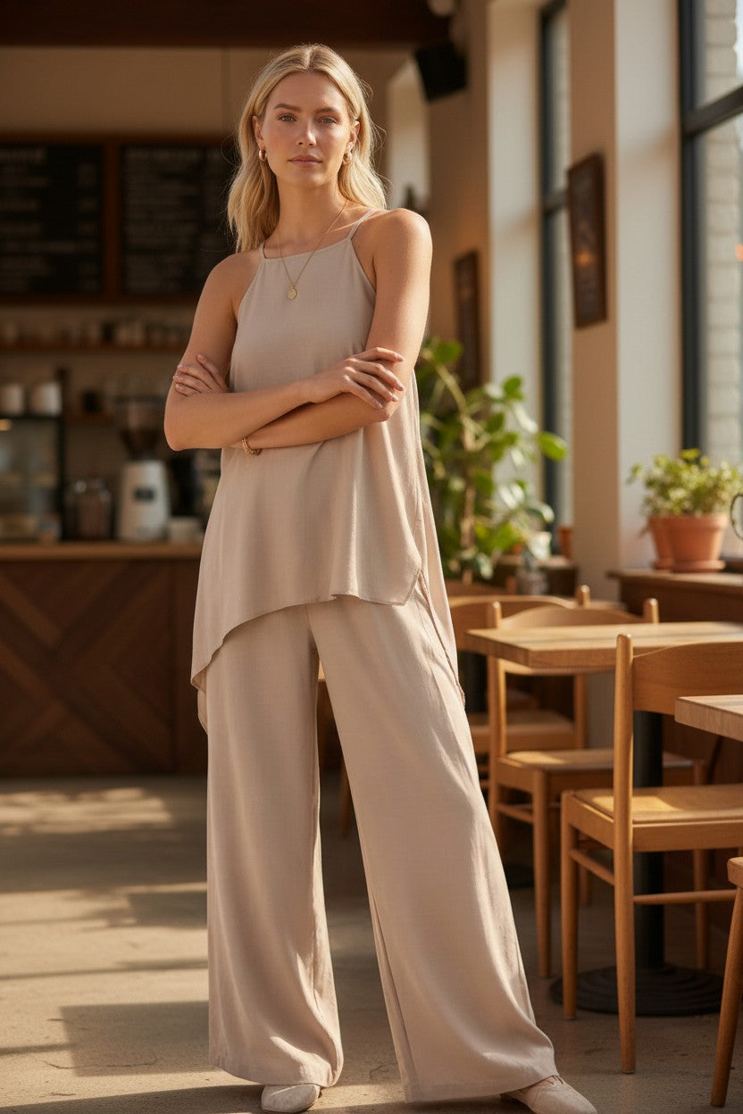 Femme portant la combinaison fluide beige La Porquerollaise de maison de la combi avec buste évasé et pantalon large