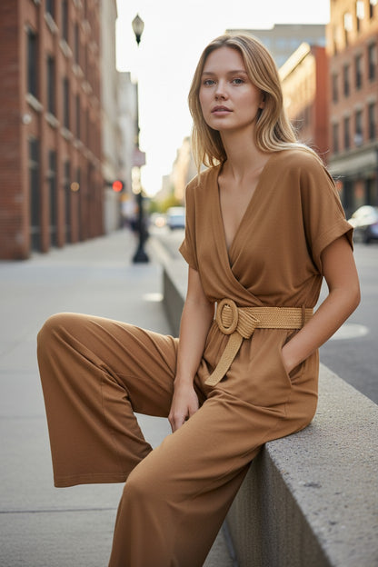 Combinaison marron femme Maison de la Combi avec col V croisé, ceinture tressée et coupe wide leg fluide en ville